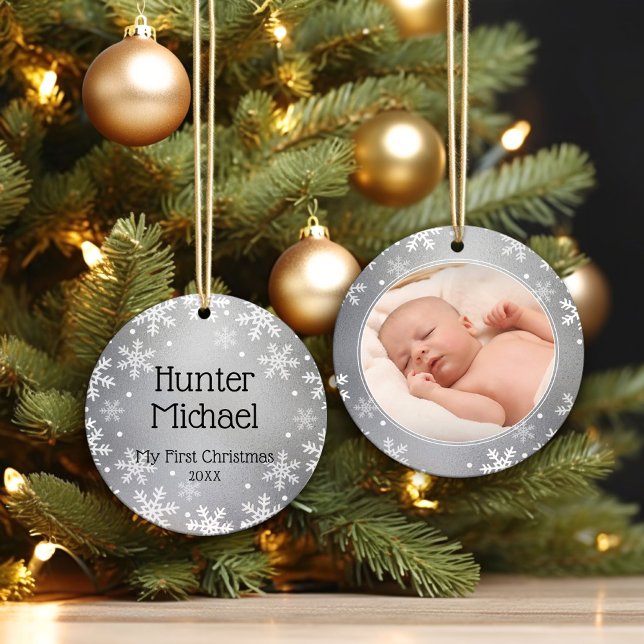 My First Christmas, Silver Photo Keepsake Ceramic Ornament (Creator Uploaded)