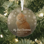 My First Christmas Snowflakes Cat Photo Glass Ornament<br><div class="desc">Did you get a new kitten this year? Add a memory to your tree with this modern keepsake ornament featuring a simple yet elegant design with the message "My First Christmas" in white chalk script and snowflakes along with your cat's name and the year, over your favourite photo. This ornament...</div>