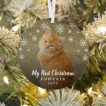 My First Christmas Snowflakes Cat Photo Metal Ornament<br><div class="desc">Did you get a new kitten this year? Add a memory to your tree with this modern keepsake ornament featuring a simple yet elegant design with the message "My First Christmas" in white chalk script and snowflakes along with your cat's name and the year, over your favourite photo. Add the...</div>