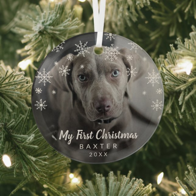 My First Christmas Snowflakes Dog Photo Glass Ornament (Insitu)