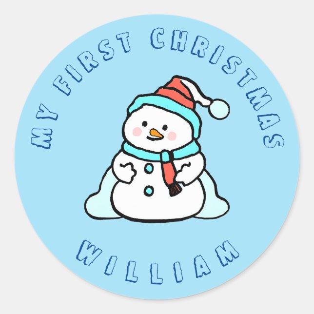 My First Christmas | Snowman Custom Blue Classic Round Sticker (Front)