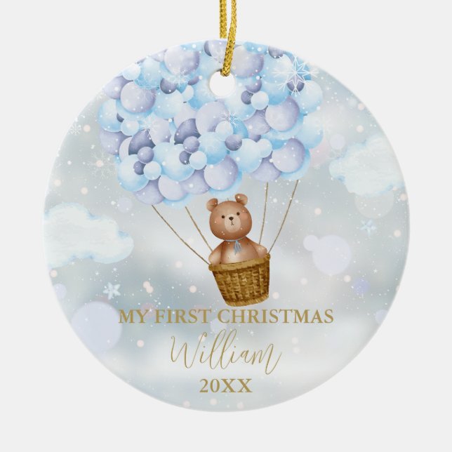 My First Christmas Teddy Bear Blue Balloons Photo Ceramic Ornament (Front)