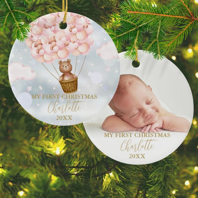 My First Christmas Teddy Bear Pink Balloons Photo Ceramic Ornament (My First Christmas Teddy Bear Pink Balloons Photo Ceramic Ornament)