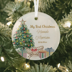 My First Christmas Tree and Crib New Baby Glass Ornament