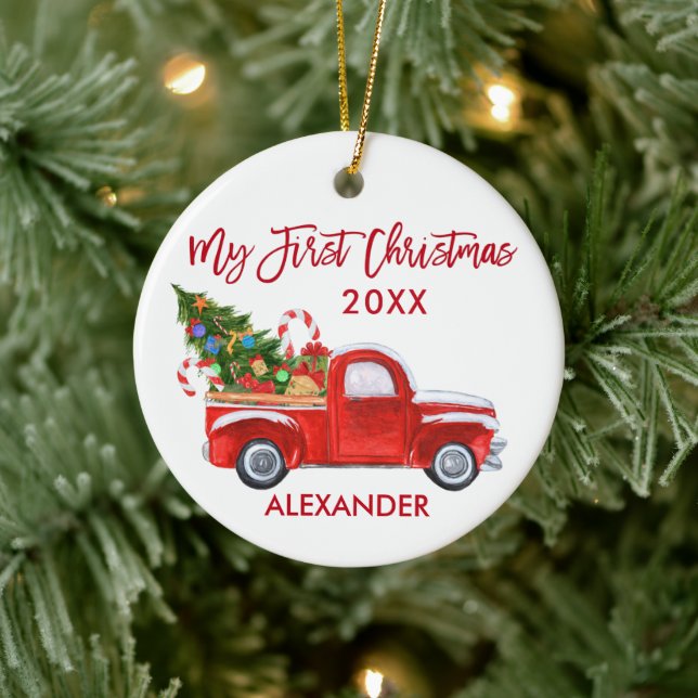 My First Christmas Truck Candy Canes Baby Red Ceramic Ornament (Tree)