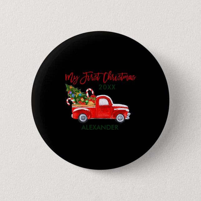 My First Christmas Truck Candy Canes Green Red Bab 2 Inch Round Button (Front)