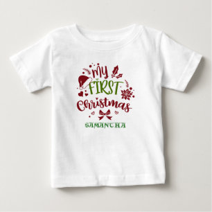 My First Christmas Typography Santa hat Monogram Baby T-Shirt
