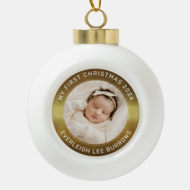 My First Christmas White Personalized Baby Photo  Ceramic Ball Christmas Ornament (Front)