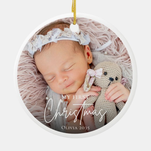 My First Christmas White Personalized Baby Photo Ceramic Ornament (Back)