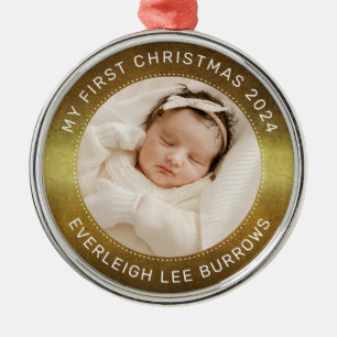 My First Christmas White Personalized Baby Photo  Metal Ornament