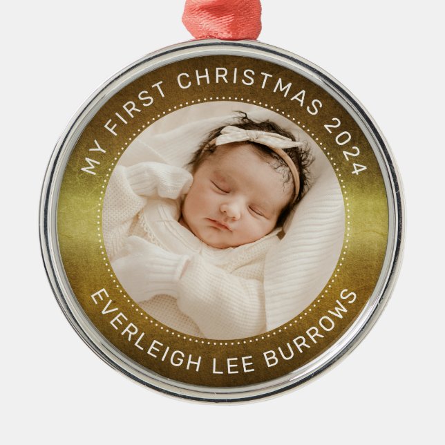 My First Christmas White Personalized Baby Photo  Metal Ornament (Front)