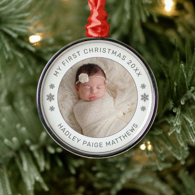 My First Christmas White Personalized Baby Photo Metal Ornament (Tree)