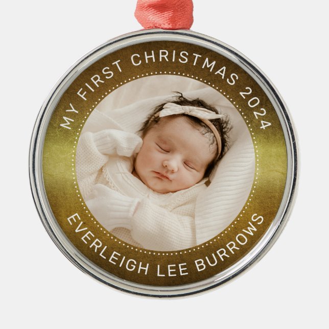 My First Christmas White Personalized Baby Photo  Metal Ornament (Front)