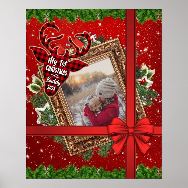 My First Christmas With Gold Frame Red Bow Photo Poster (Front)