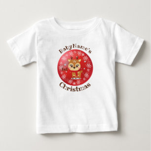 My First Christmas with name cute reindeer red Baby T-Shirt