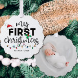 My first Christmas with name photo Ornament Card<br><div class="desc">Lovely first Christmas ornament decorated with a red Santa hat,  holly leaves,  and colourful Christmas lights. Easily customizable with the baby's name and current year and one of your favourite pictures on the reverse.</div>