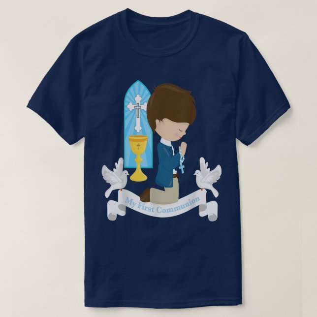 My First Communion  Gift Kids Son Boy Brunette Kne T-Shirt (Design Front)