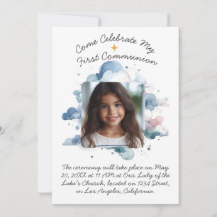 My First Communion Watercolor Clouds Invitation