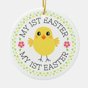 My first Easter cute chicken dot border Ceramic Ornament