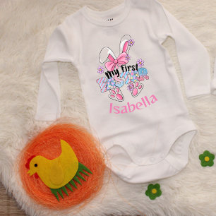 My First Easter Cute Pink Bunny Customizable  Baby Bodysuit
