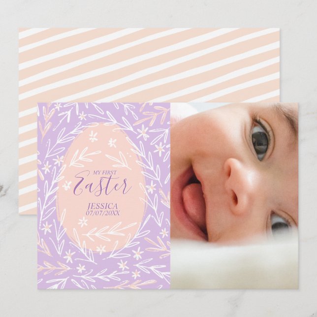 My First Easter Lilac & Peach Pink Baby Photo Card (Front/Back)