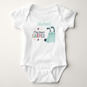 My first Easter with blue cartoon bunny and name Baby Bodysuit
