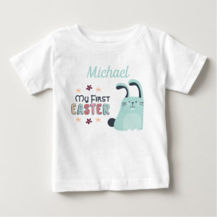 My first Easter with blue cartoon bunny and name Baby T-Shirt