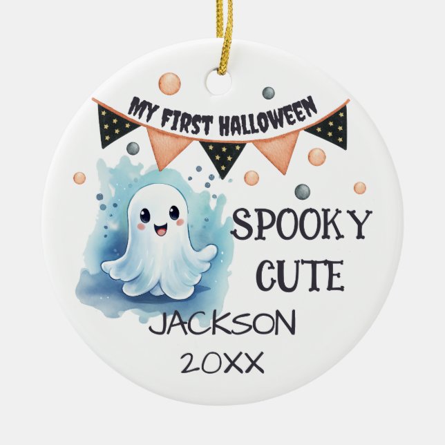 My First Halloween - Cute Happy Ghost Customizable Ceramic Ornament (Front)