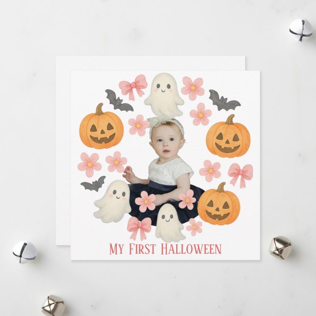 My First Halloween | Cute Pumpkin & Ghost Wreath  Holiday Card (Front/Back In Situ)