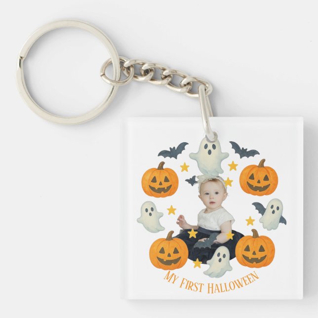 My First Halloween | Cute Pumpkin & Ghost Wreath  Keychain (Front)