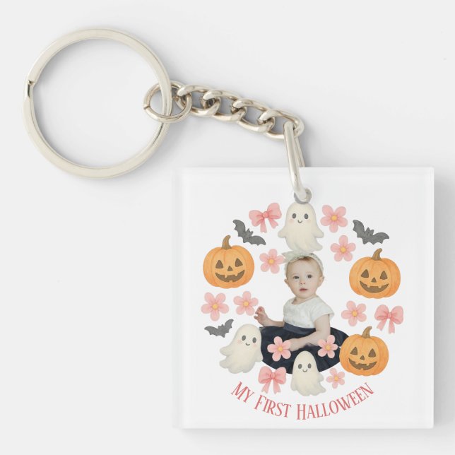 My First Halloween | Cute Pumpkin & Ghost Wreath Keychain (Front)