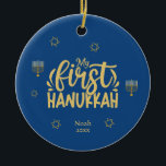 My First Hanukkah Blue, Star, Menorah Ceramic Ornament<br><div class="desc">Celebrate the joy of the first Hanukkah with a special, personalized photo of your newborn! This unique design features elegant colours of blue and golden with Stars of David, a menorah, and typography. Easily change the text by clicking on the "personalize this template" option. Check out this collection for matching...</div>