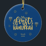 My First Hanukkah Blue, Star, Menorah Ceramic Ornament<br><div class="desc">Celebrate the joy of the first Hanukkah with a special, personalized photo of your newborn! This unique design features elegant colours of blue and golden with Stars of David, a menorah, and typography. Easily change the text by clicking on the "personalize this template" option. Check out this collection for matching...</div>