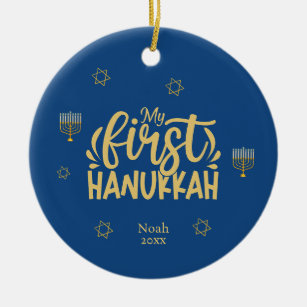 My First Hanukkah Blue, Star, Menorah Ceramic Ornament