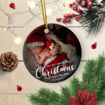 My First Merry Little Christmas Newborn Baby Photo Ceramic Ornament<br><div class="desc">Simple lovely baby first Christmas ornament. Easy to personalize with your details. Please get in touch with me via chat if you have questions about the artwork or need customization. PLEASE NOTE: For assistance on orders,  shipping,  product information,  etc.,  contact Zazzle Customer Care directly.</div>