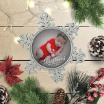 My First Merry Little Christmas Newborn Baby Photo Snowflake Pewter Christmas Ornament<br><div class="desc">Simple lovely baby first Christmas ornament. Easy to personalize with your details. Please get in touch with me via chat if you have questions about the artwork or need customization. PLEASE NOTE: For assistance on orders,  shipping,  product information,  etc.,  contact Zazzle Customer Care directly https://help.zazzle.com/hc/en-us/articles/221463567-How-Do-I-Contact-Zazzle-Customer-Support-.</div>