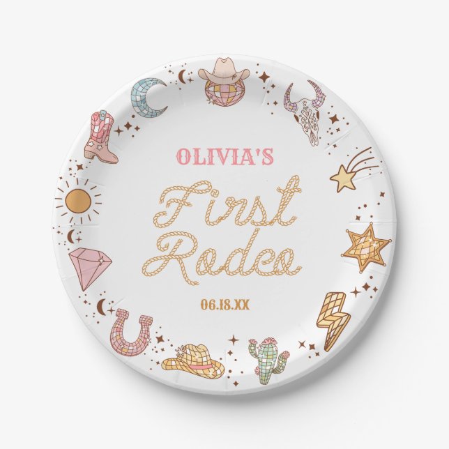 My First Rodeo Disco Cowgirl 1st Birthday Party Paper Plate (Front)