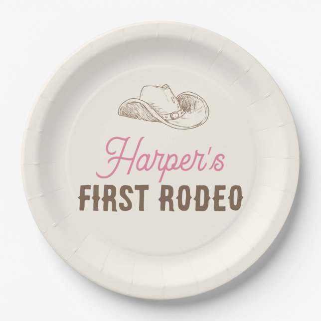 My First Rodeo Personalized Pink Cowgirl Birthday Paper Plate (Front)