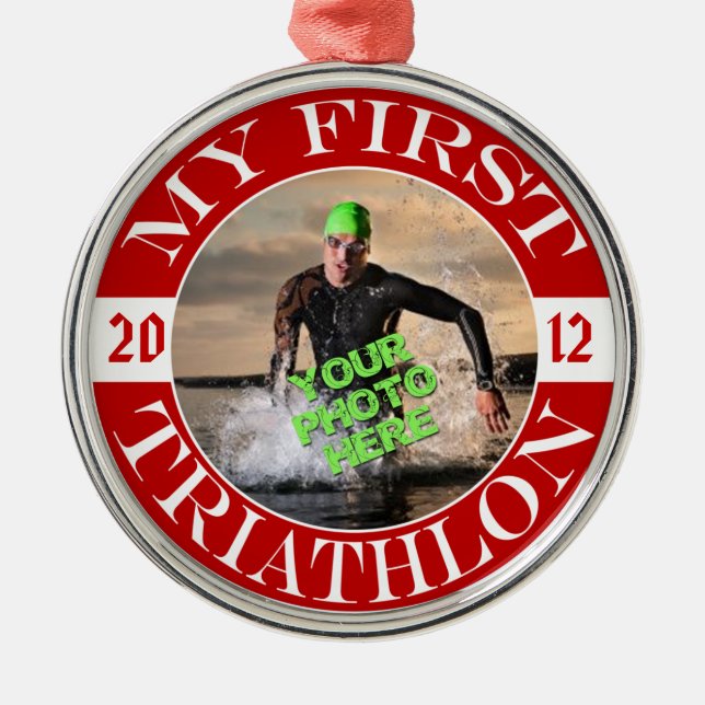 My First Triathlon - Customizable Photo and Year Metal Ornament (Front)