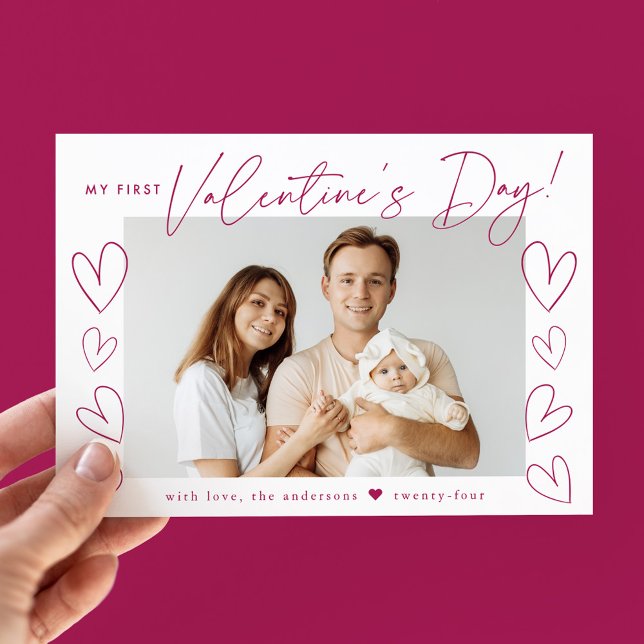 My First Valentine's Day Fuchsia Script Photo Holiday Card (Creator Uploaded)