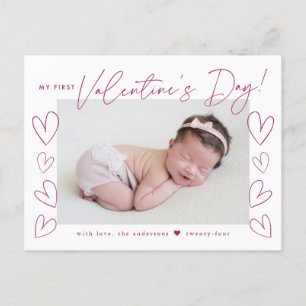 My First Valentine's Day Fuchsia Script Photo Holiday Postcard