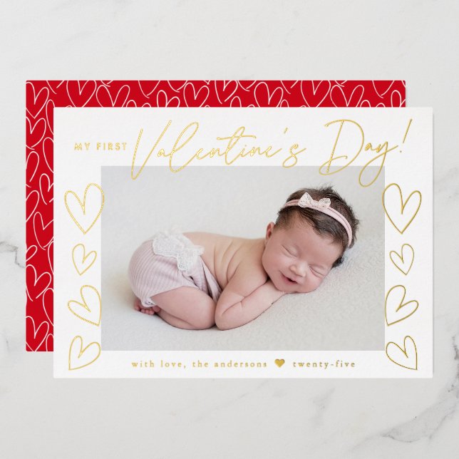 My First Valentine's Day Gold Script Photo Foil Holiday Card (Front/Back)
