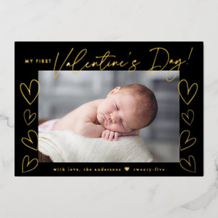 My First Valentine's Day Script Black Photo Foil Holiday Card