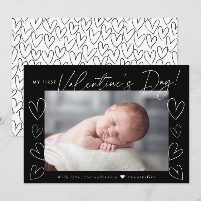 My First Valentine's Day Script Black Photo Holiday Card (Front/Back)
