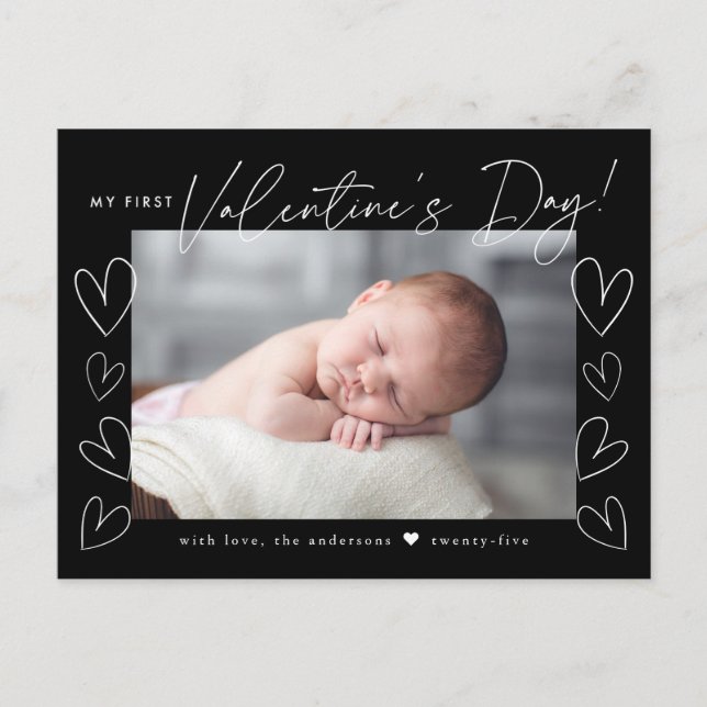 My First Valentine's Day Script Black Photo Holiday Postcard (Front)
