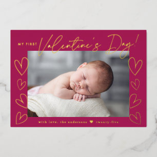 My First Valentine's Day Script Fuchsia Photo Foil Holiday Card