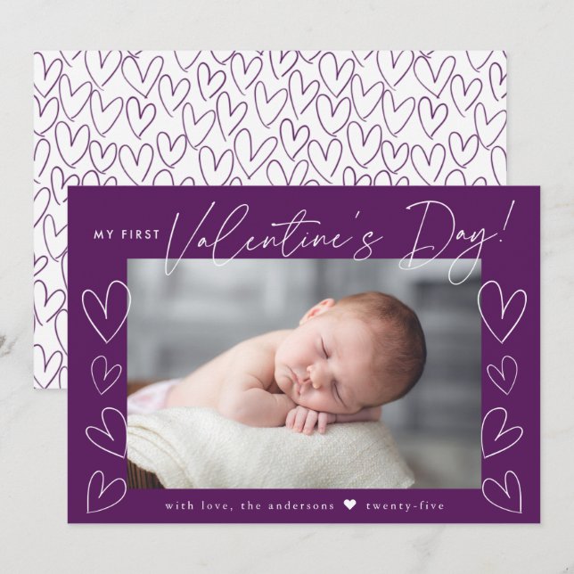 My First Valentine's Day Script Purple Photo Holiday Card (Front/Back)