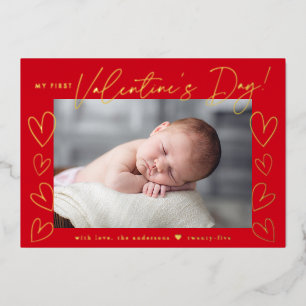 My First Valentine's Day Script Red Photo Foil Holiday Card