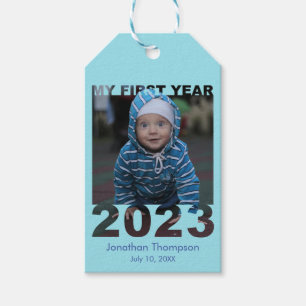 My First Year 2023 Modern Cutout Baby Photo Blue Gift Tags