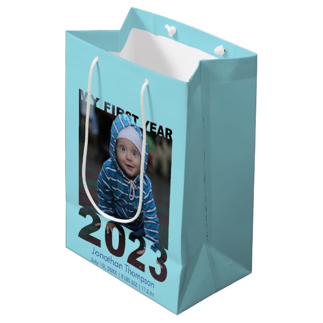 My First Year 2023 Modern Cutout Baby Photo Blue Medium Gift Bag (Front Angled)